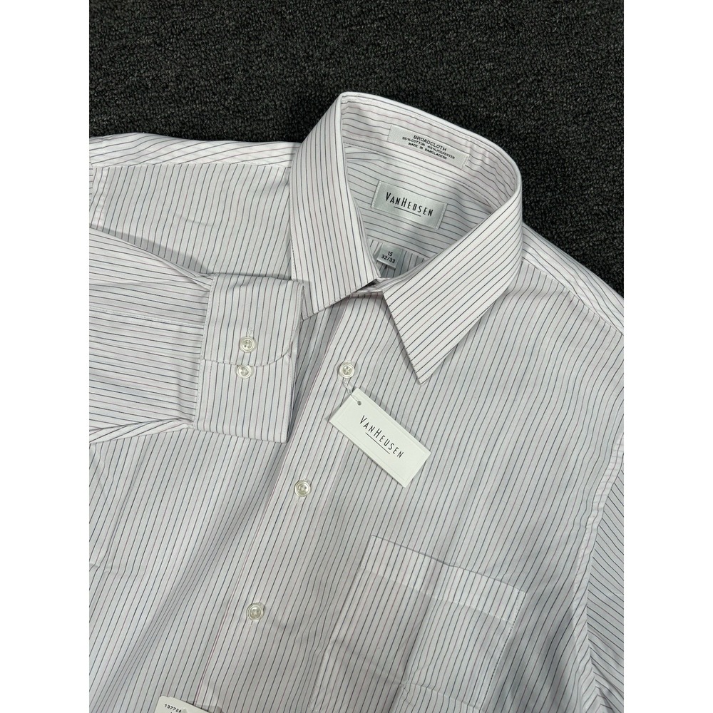 New Van Heusen Dress Shirt Men's 15 32/33‎ White Red Striped Broadcloth Pocket